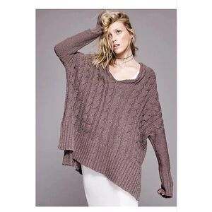 Free People Easy Cable Knit V Neck Sweater Women Small Mushroom Boxy Oversized
